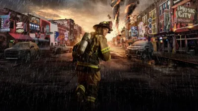 ドン・ハート隊長（クリス・オドネル）が消防士のユニホームを身につけ、ナッシュビルの大通りを駆け抜けている。背景には炎の竜巻。