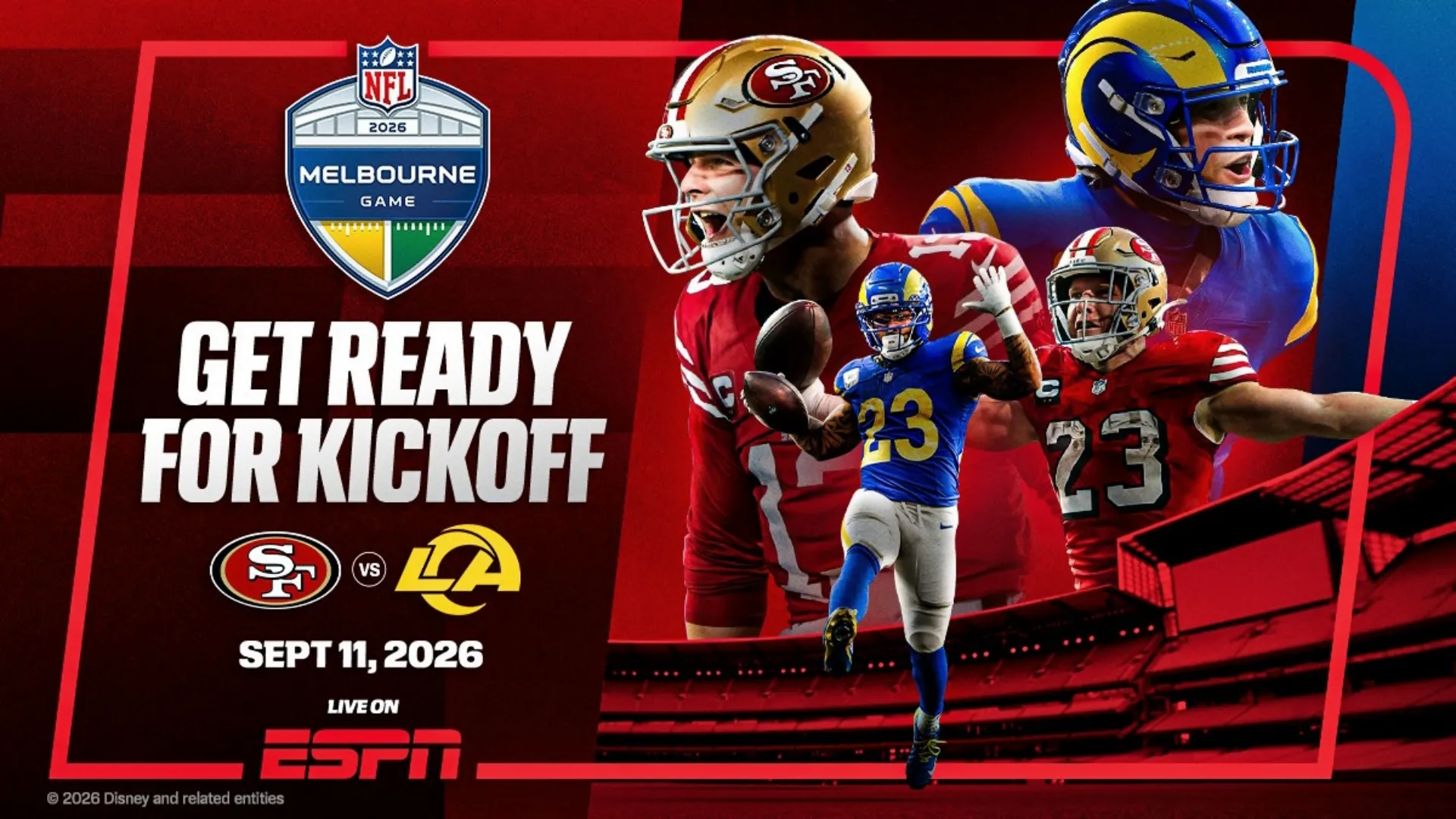Promotional graphic for the 2026 NFL Melbourne Game