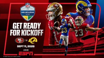 Promotional graphic for the 2026 NFL Melbourne Game