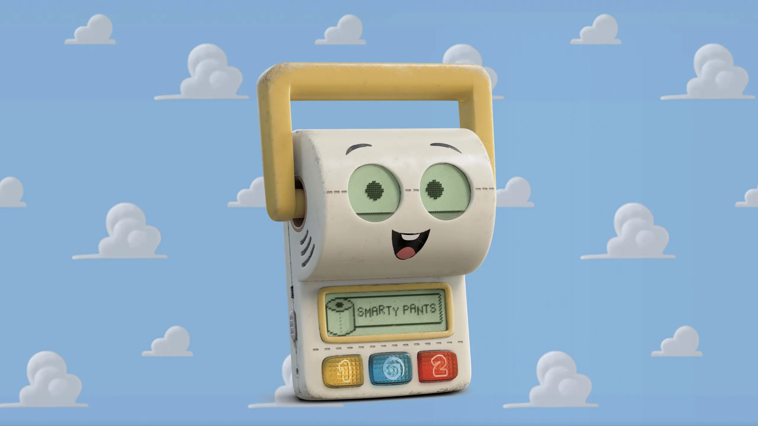 Smarty Pants is an interactive toy shaped like a roll of toilet paper