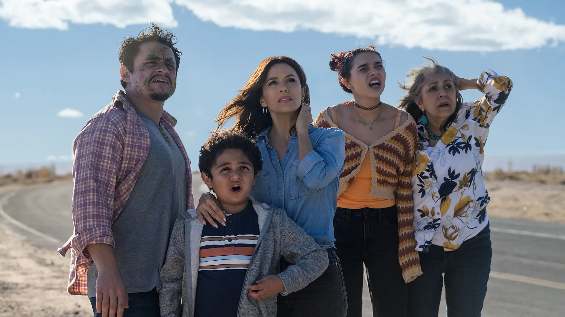 Eva Longoria along with Jesse Garcia, Paulina Chávez, and others in a scene from the movie Alexander and the Terrible, Horrible, No Good, Very Bad Road Trip. 
