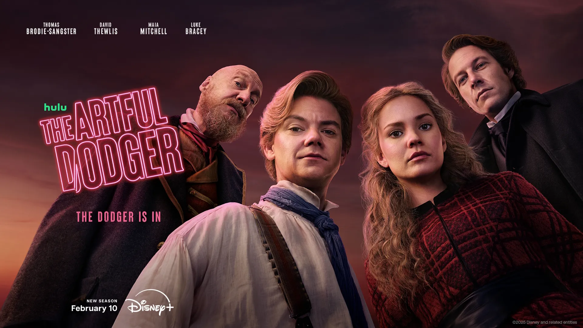 Promo art for The Artful Dodger Season2 featuring the main cast members including Thomas Brodie-Sangster, Maia Mitchell, David Thewlis and Luke Bracey.