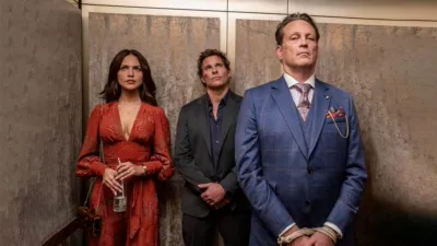 Alice (Eiza González), Mike (James Marsden) and Nick (Vince Vaugn) in an elevator in Mike & Nick & Nick & Alice.