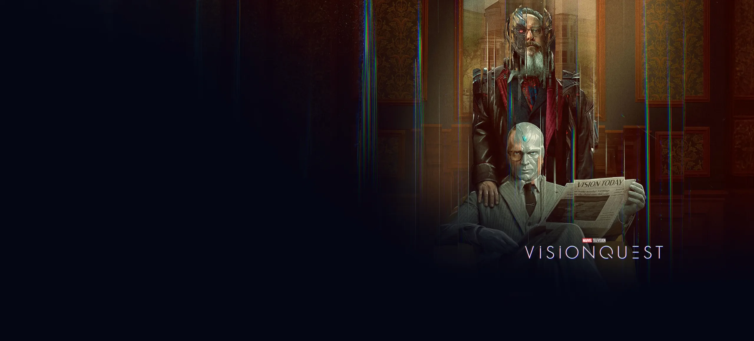 Arte de Vision Quest con dos versiones de Vision en un entorno misterioso con efectos visuales distorsionados.