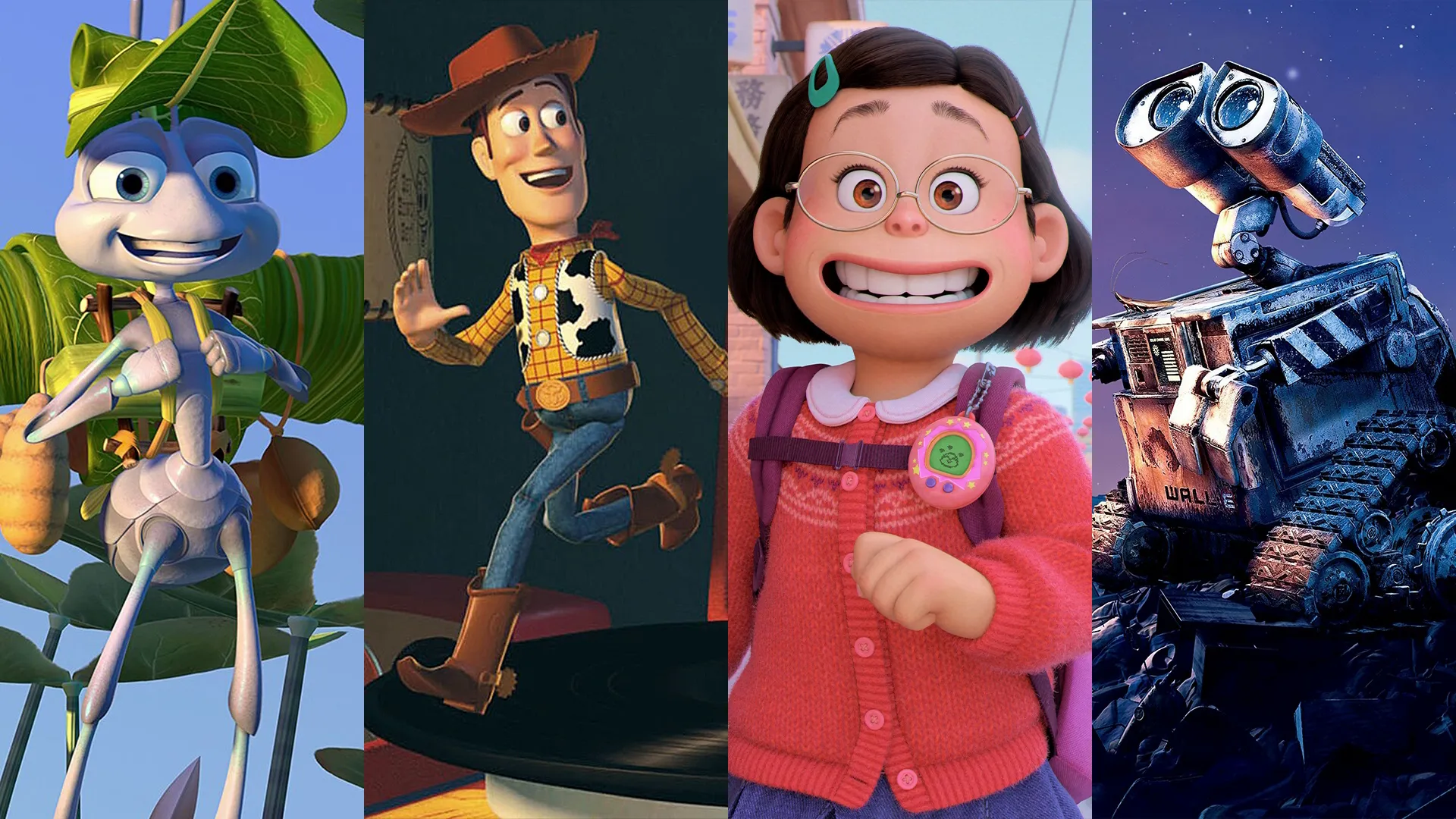 Collage of A Bug's Life, Toy Story, Turning Red, and Wall E
