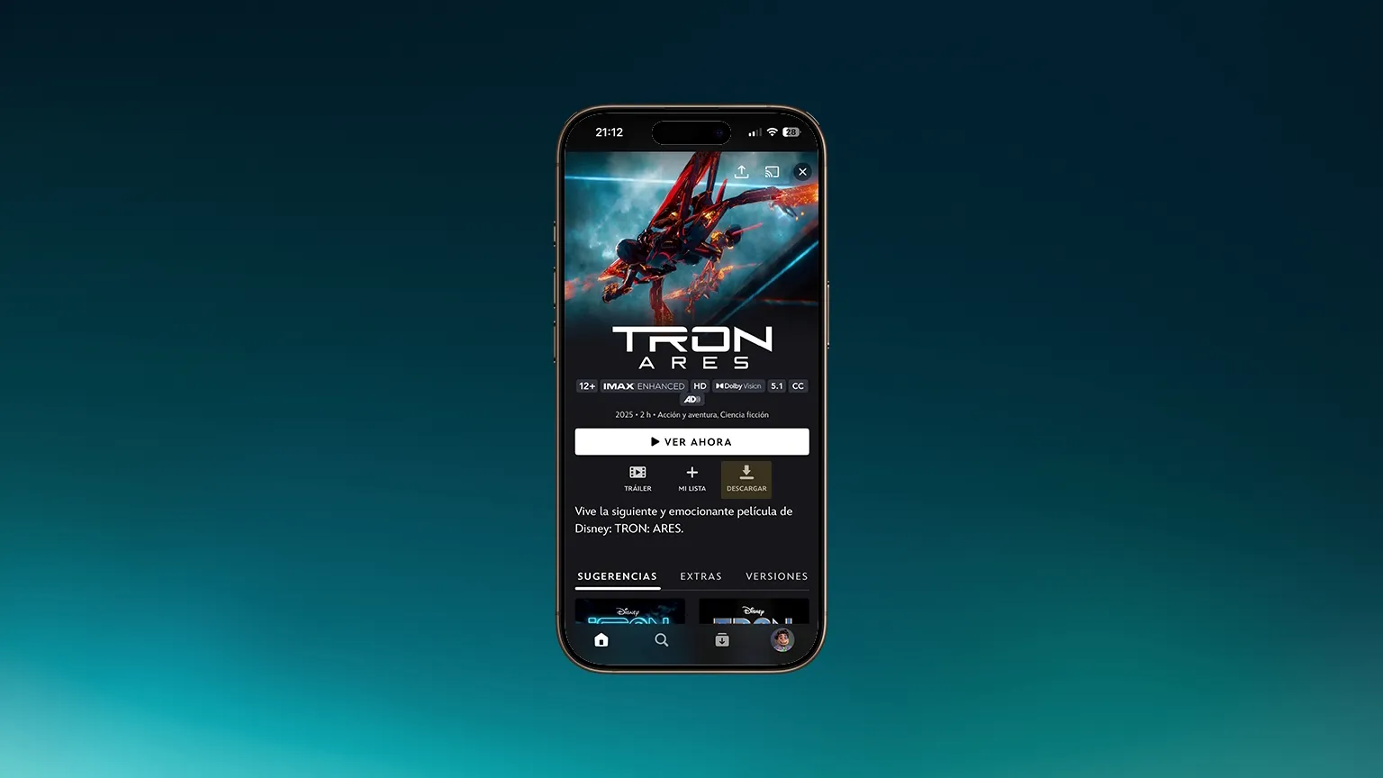 Captura de pantalla de la página de la película Tron en la aplicación Disney+, con el botón de descarga destacado.