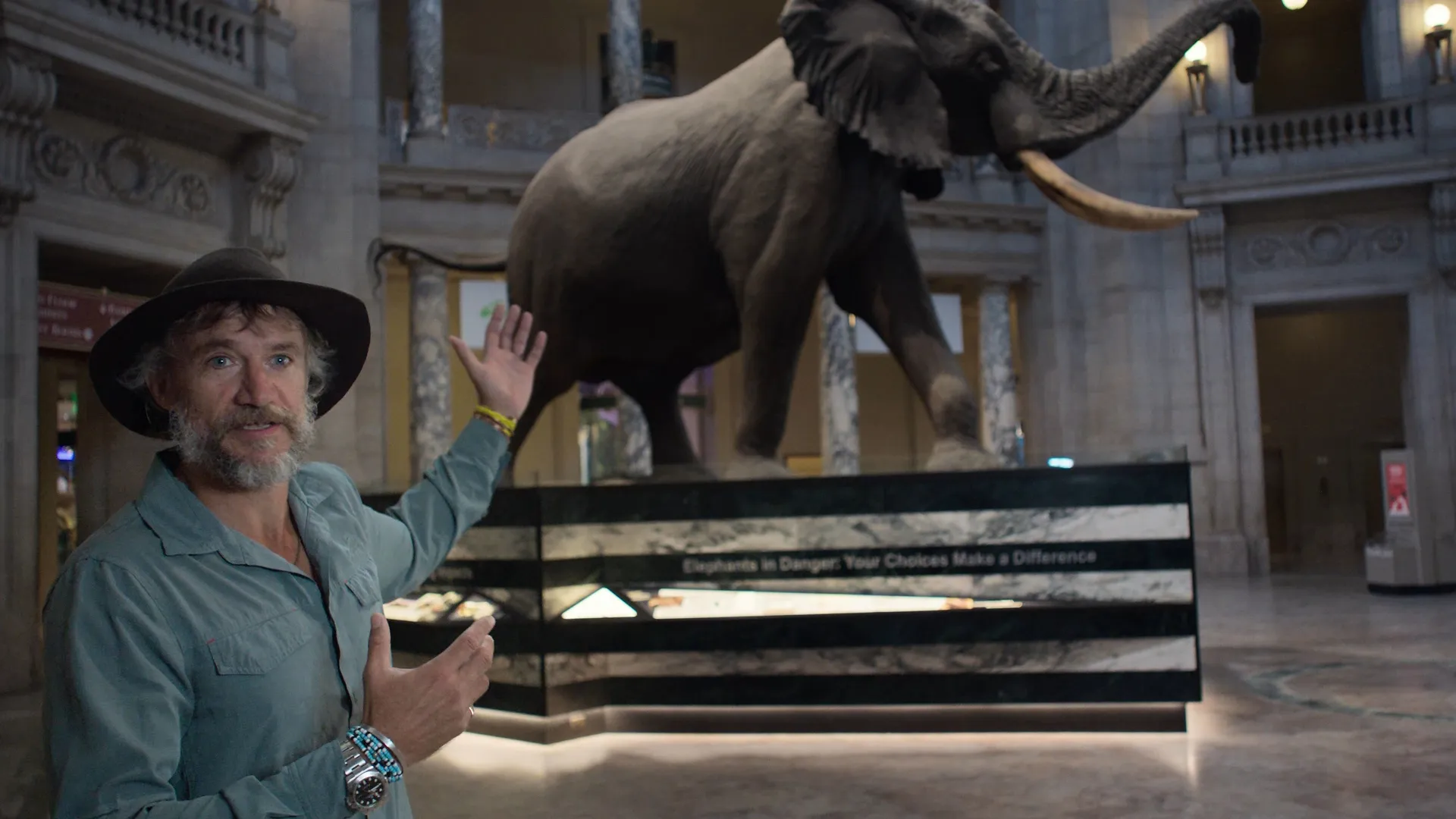 National Geographic Explorer Steve Boyes in front of the taxidermied "Henry" (the Fénykövi Elephant) at the Smithsonian National Museum of Natural History.