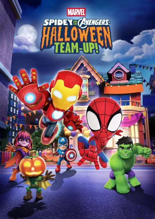 Marvel’s Spidey and His Amazing Friends Halloween Team-Up featuring Spidey, Iron Man, Hulk, Captain America, and friends in Halloween costumes outside a decorated neighborhood house under a moonlit sky.