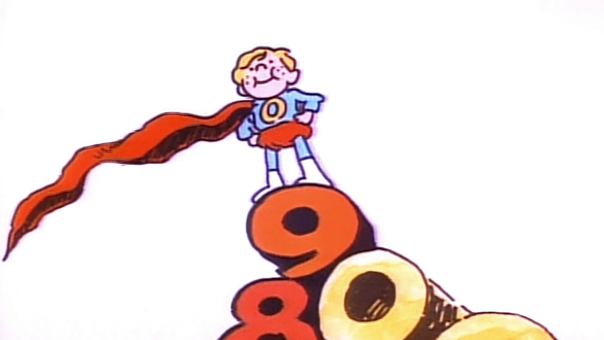 A boy stands atop a pile of numbers.