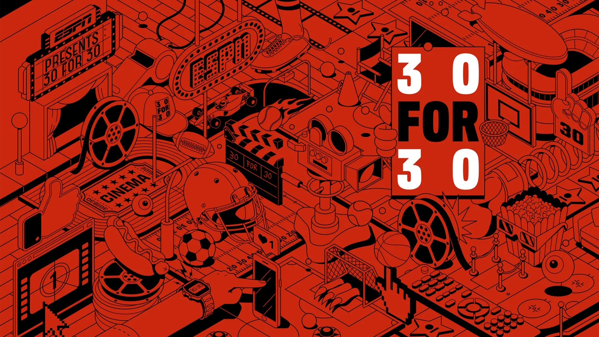 An isometric vector illustration in red, black, and white featuring a dense collection of sports equipment and filmmaking gear, with a prominent "30 FOR 30" logo on the right side.