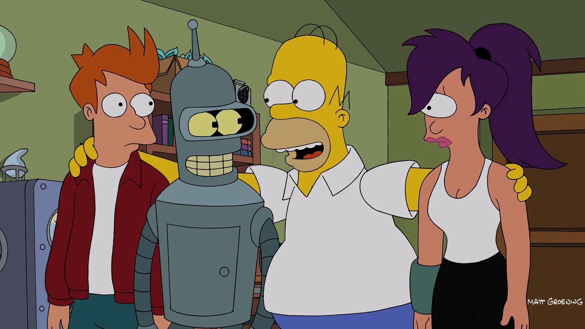 Homer Simpson abraçando Fry, Bender e Leela