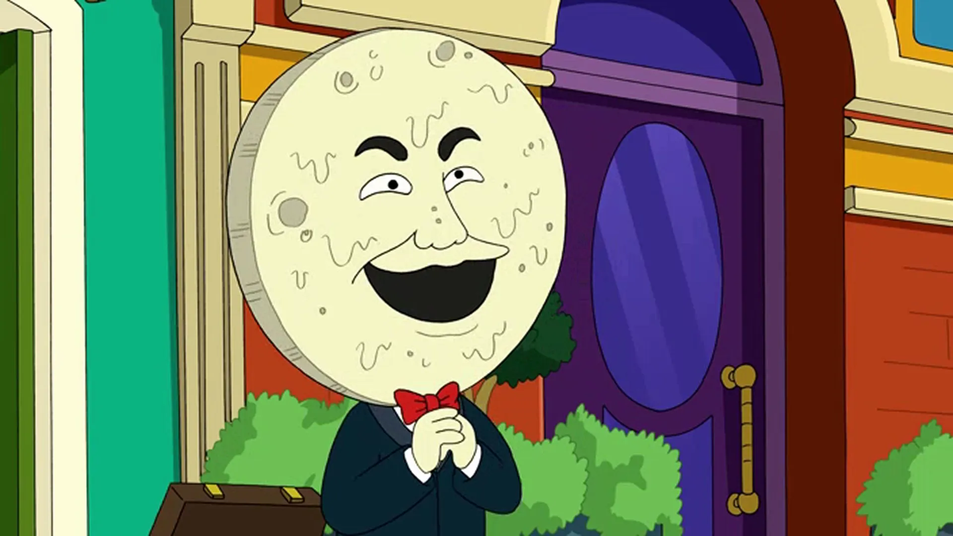 Craterface (Tress MacNeille), a smiling moon-faced mascot in a tuxedo, clasps his hands outside Luna Park.