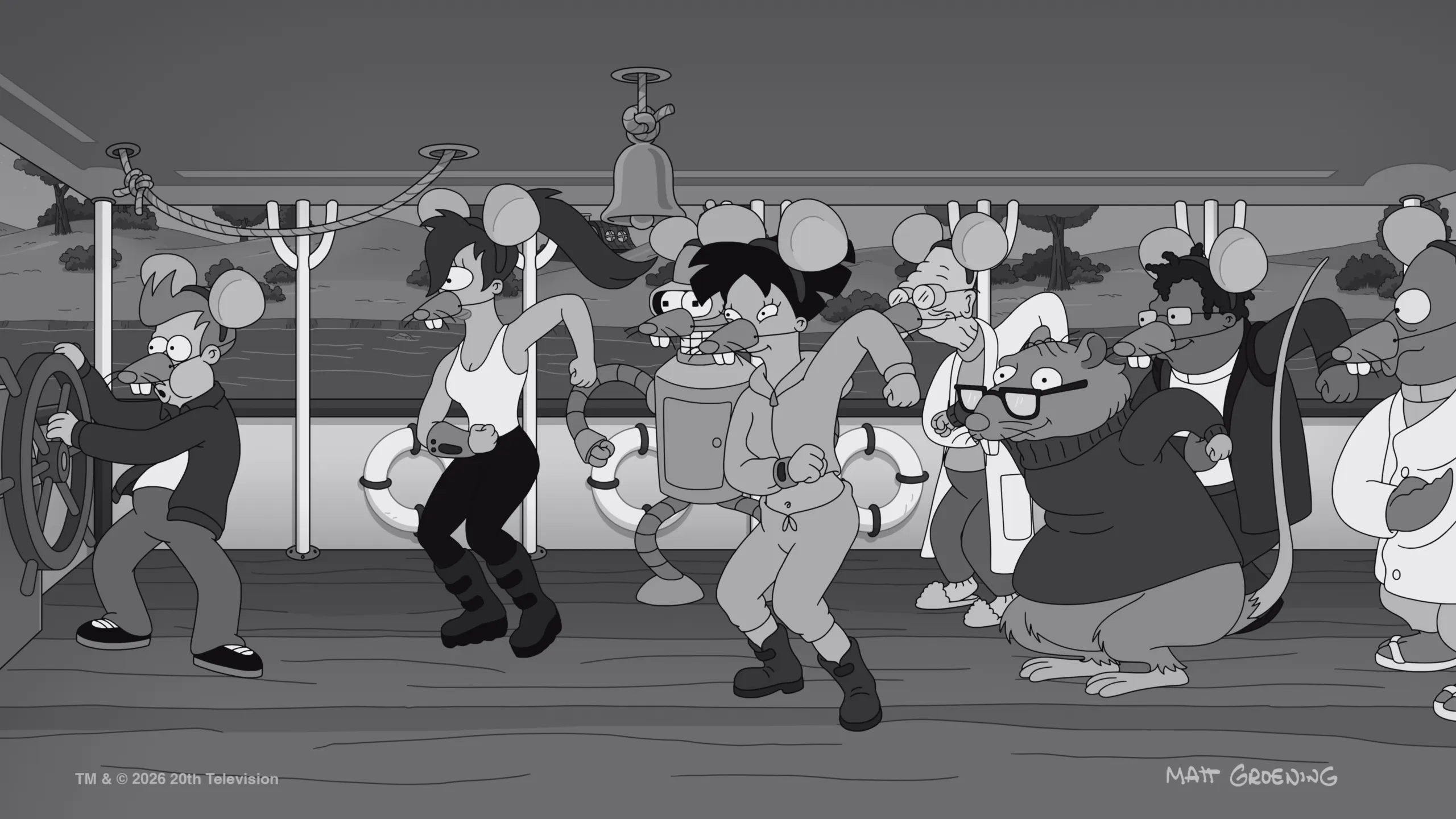 A balck and white image of Leela, Amy, Bender, the Professor, and Hermes dressed like mice and doing a dance