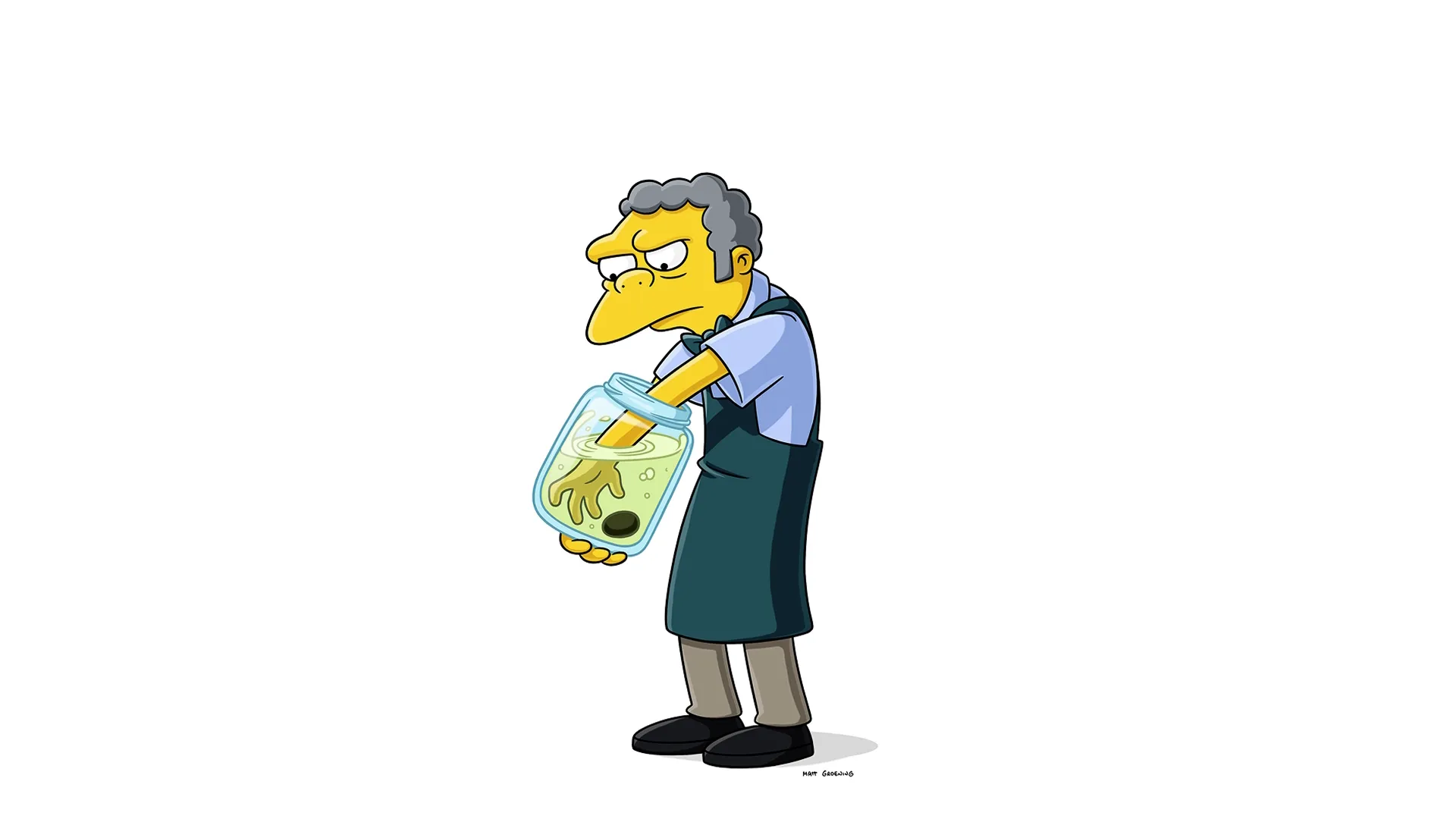 Este personagem é Moe Szyslak, o barman cínico de Os Simpsons. Ele está vestido com sua camisa azul característica e avental verde-escuro.