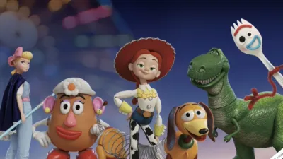 Uma imagem com Woody e outros personagens de Toy Story, como Rex e o sr. Cabeça de Batata