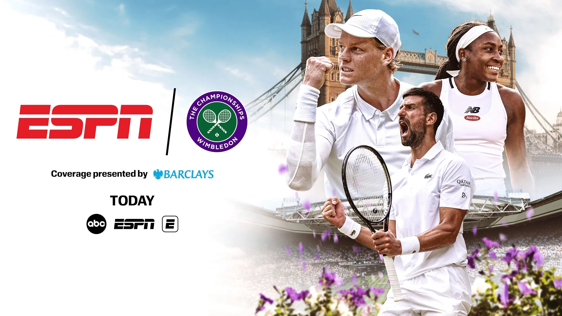 This image features promotional artwork for ESPN's coverage of the 2026 Wimbledon tournament, which is scheduled from June 29 to July 12.