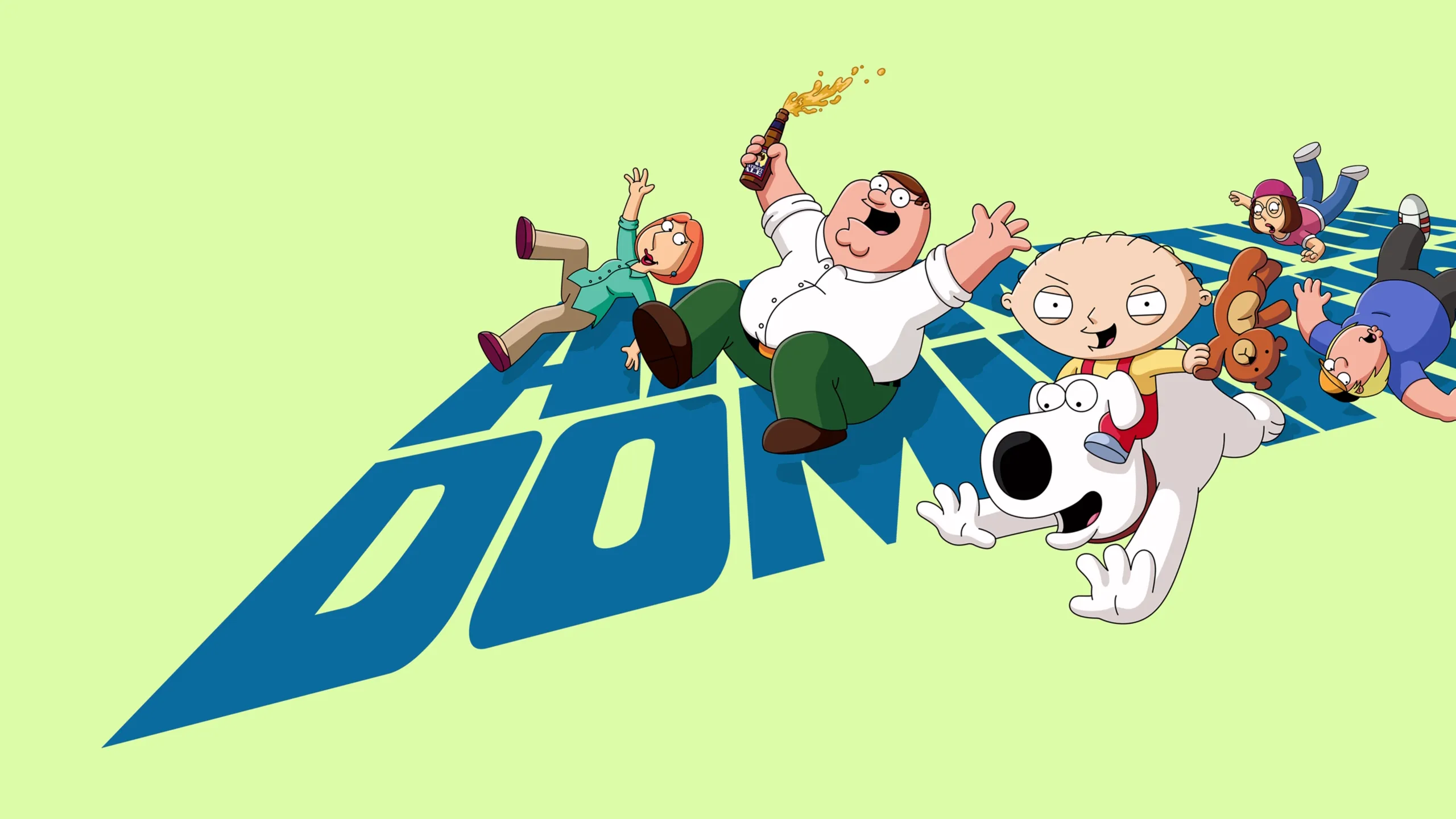 Promotional art featuring the main characters of Family Guy sliding down a sloped background