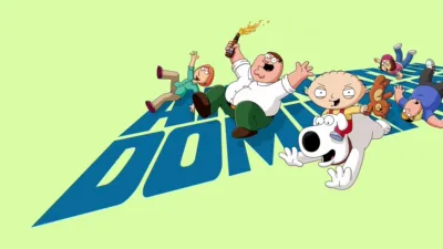 Promotional art featuring the main characters of Family Guy sliding down a sloped background