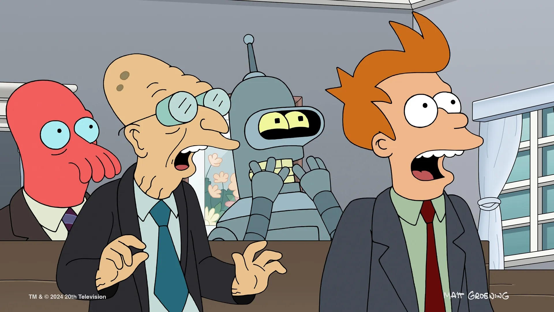 Futuramas' Bender (John DiMaggio), Philip J. Fry (Philip J. Fry), Zoidberg (Billy West) and Professor Farnsworth (Billy West) shocked and surprised