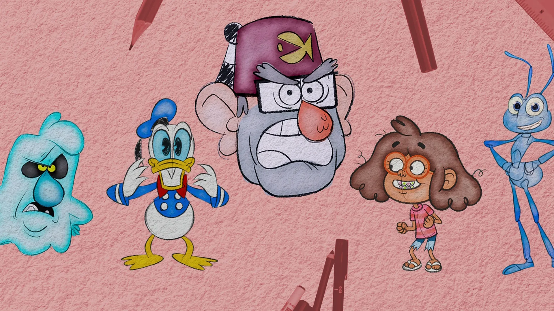 How Not To Draw key art featuring characters such as Grunkle Stan (Gravity Falls), Donald Duck, Mabel Pines (Gravity Falls) and Flik from (A Bug's Life).