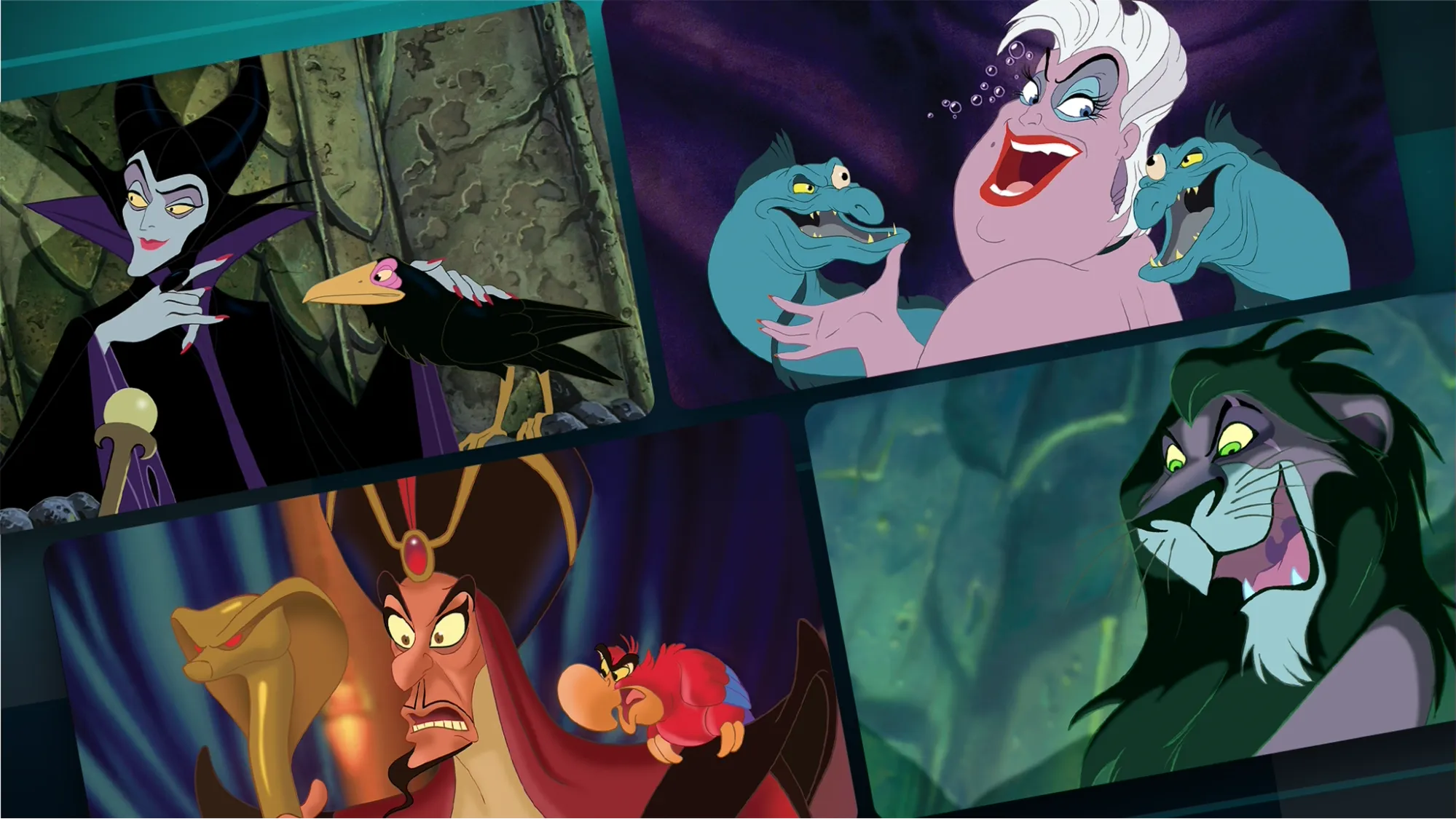 Disney Villains including Maleficent, Ursula, Jafar, and Scar.