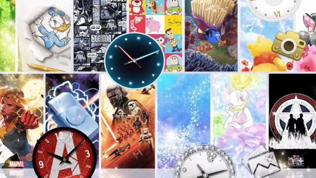 Disney、Pixar、Marvel、スター・ウォーズのキャラクターや作品アートをコラージュしたイメージ。中央と下部に複数の時計が配置され、ドナルドダック、ファインディング・ニモのドリー、トイ・ストーリーのキャラクター、デイジーダック、キャプテン・マーベル、ソー、カイロ・レン、キャプテン・アメリカのシールドなどが描かれている。時計やカメラのモチーフが組み合わされ、Disney作品の世界観を表現したカラフルなデザイン。