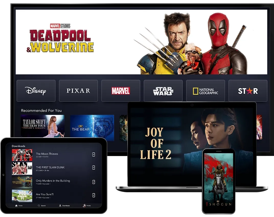 4 Devices showcasing the Disney+ product on TV, Mobile, Laptop, and Tablet