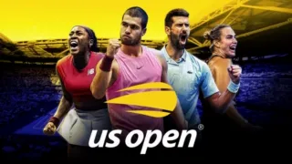 Promotional graphic for the US Open tennis tournament streaming with ESPN on Disney+