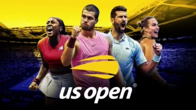 Promotional graphic for the US Open tennis tournament streaming with ESPN on Disney+