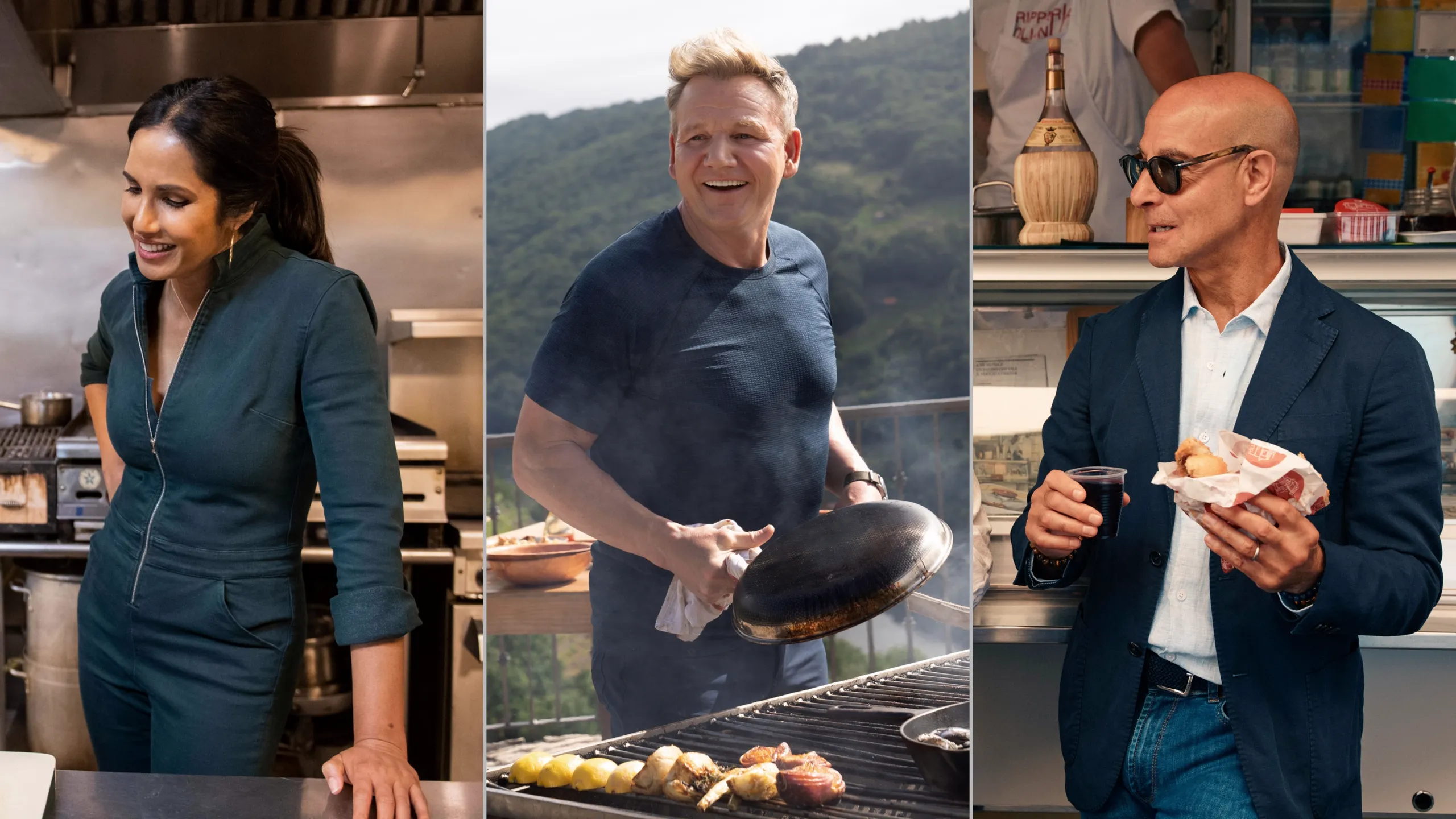 Images from shows featured in the article including, Taste the Nation with Padma Lakshmi, Gordon Ramsay: Uncharted, and Tucci in Italy.