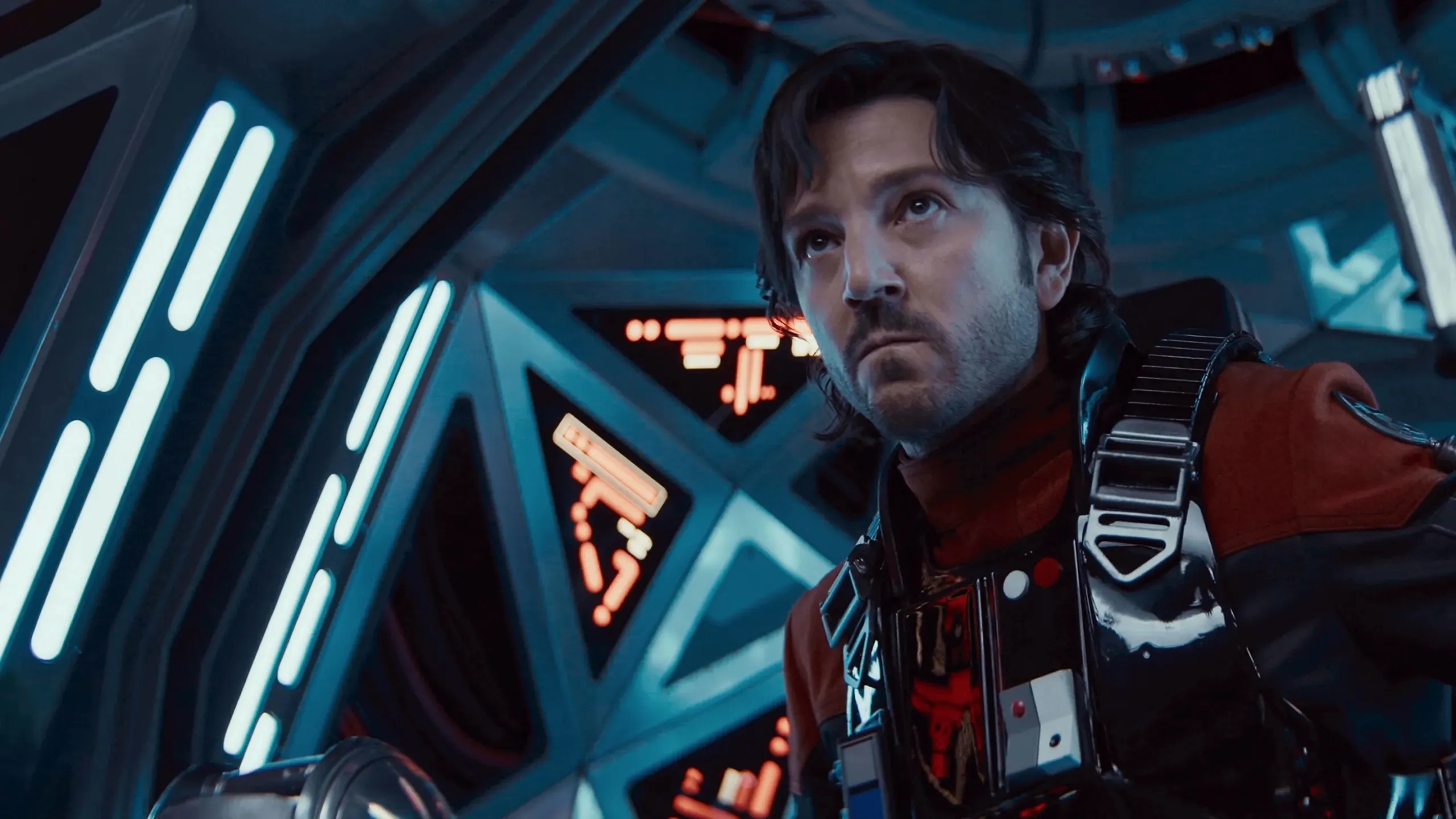 Cassian Andor (Diego Luna) in the cockpit of the TIE Avenger in Season 2 of Andor: A Star Wars Story.