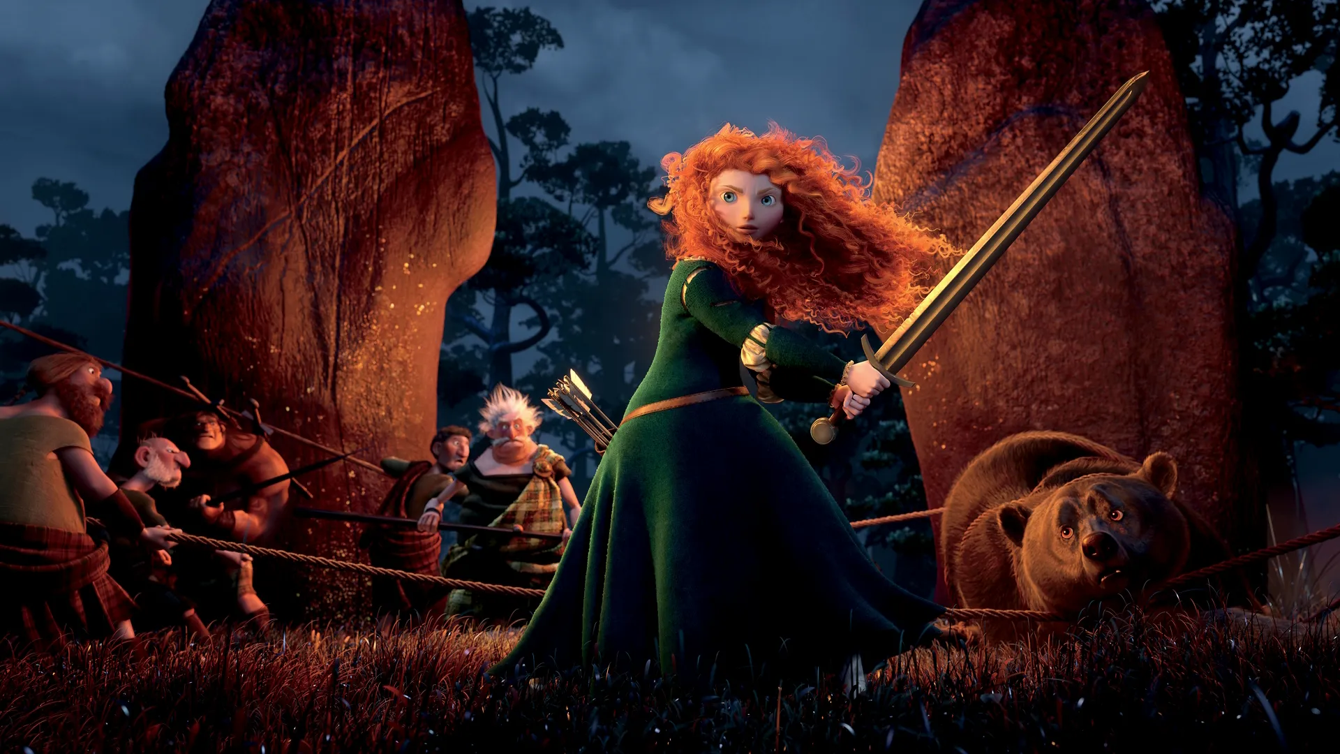 Merida  wielding a sword in the Scottish Highlands at night in Disney and Pixar's Brave
