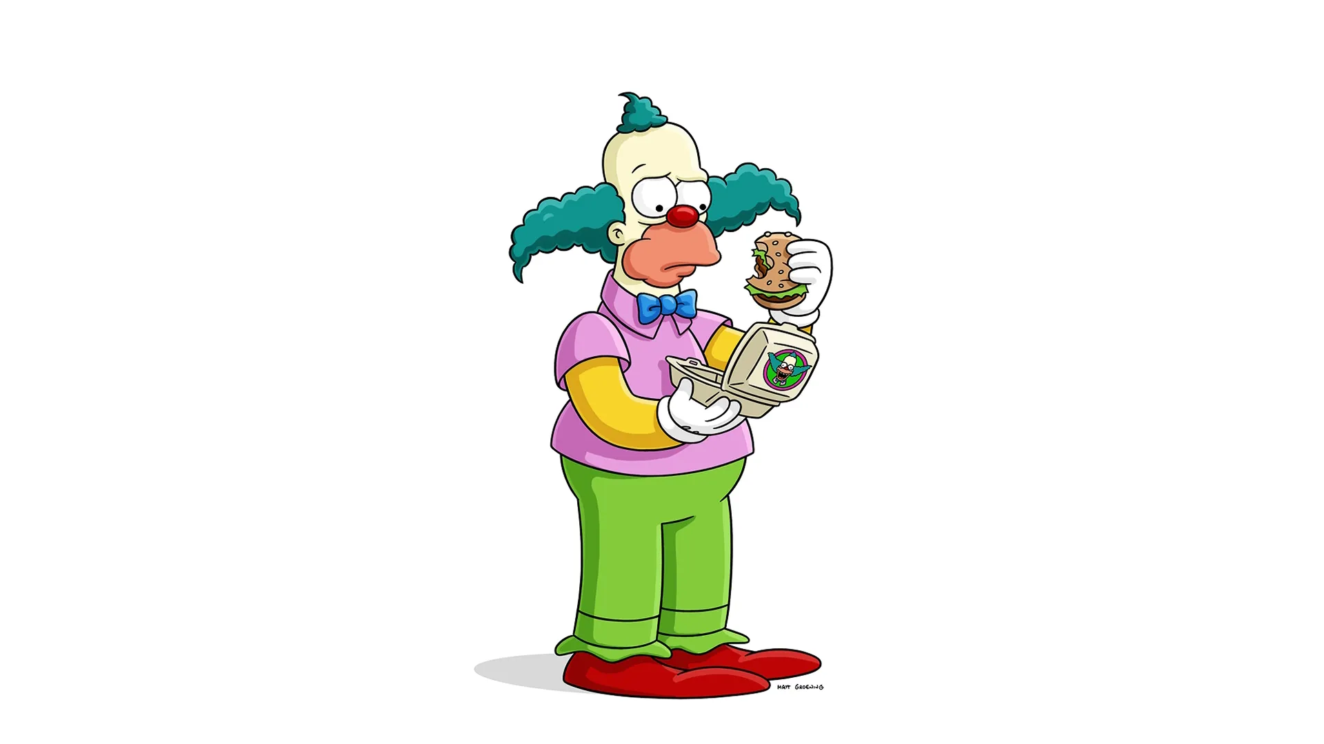 Ilustração do palhaço Krusty, de Os Simpsons, com uma expressão incomum de contemplação. Ele está segurando um hambúrguer meio comido da sua própria rede de fast-food, Krusty Burger.