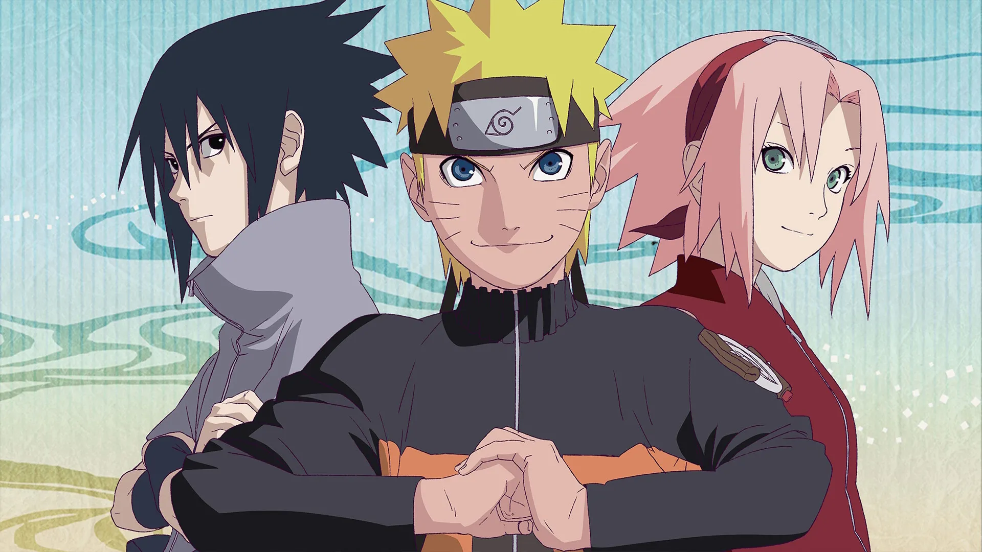 The image displays Team 7 from the anime series Naruto Shippuden, featuring Sasuke Uchiha, Naruto Uzumaki, and Sakura Haruno.