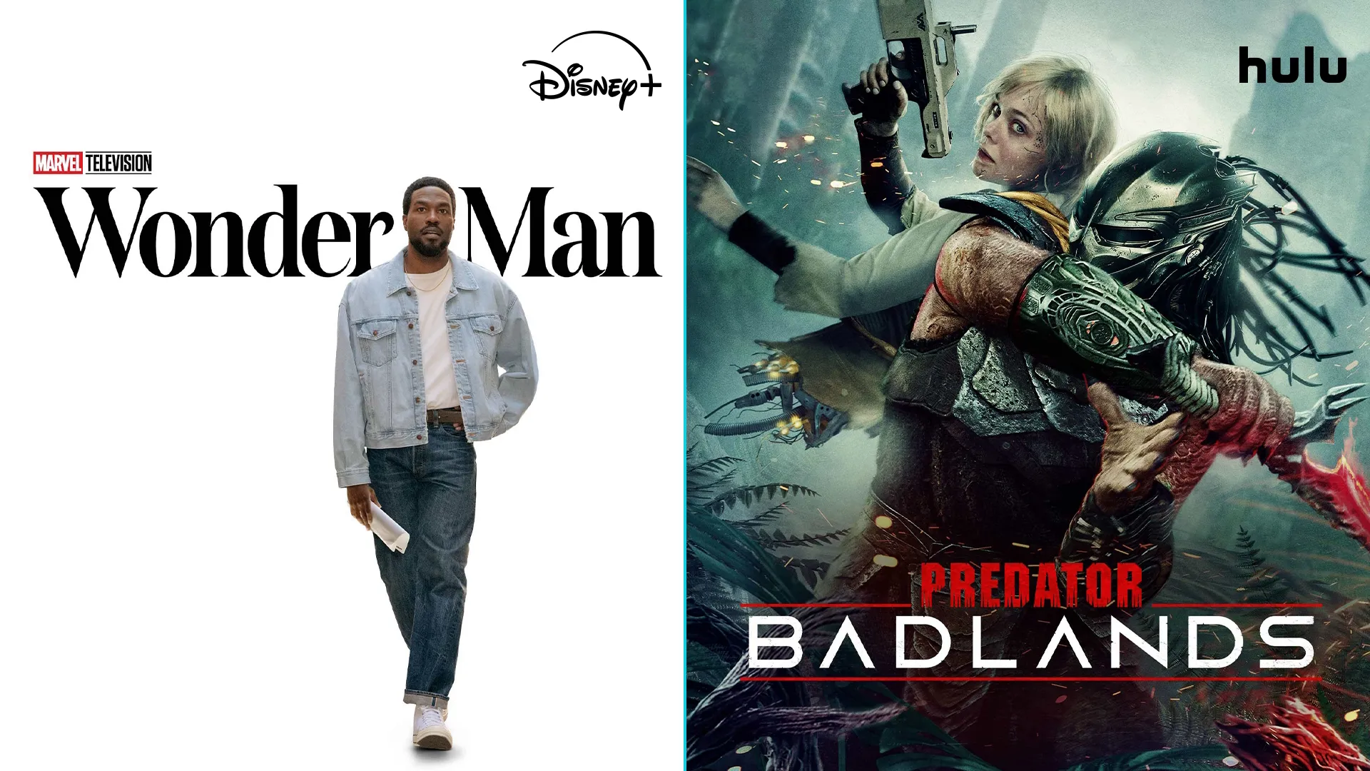 Side-by-side image promoting Marvel Television's Wonder Man (Disney+) and Predator: Badlands (Hulu).