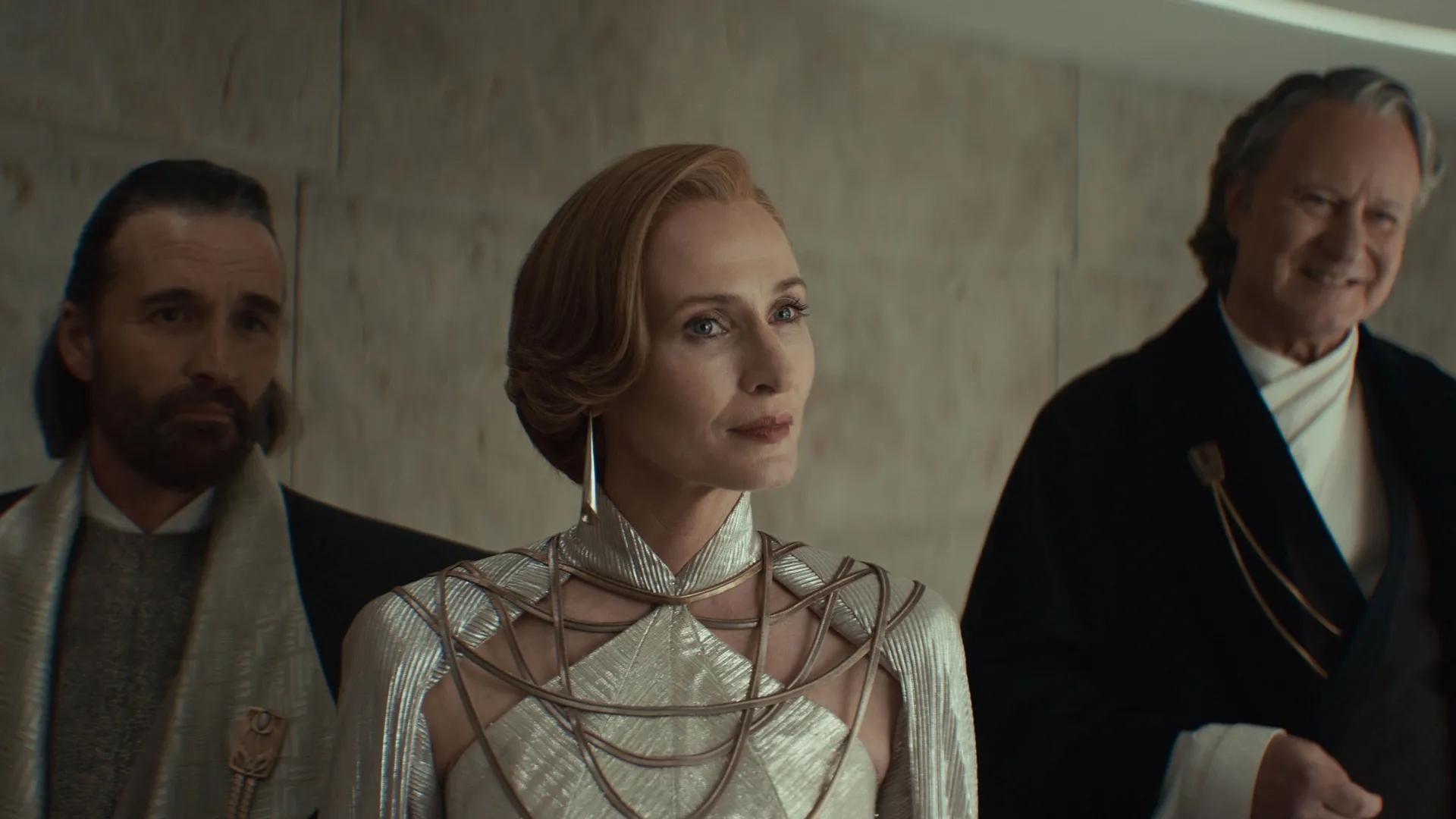 Perrin Fertha, Mon Mothma, and Luthen Rael in Andor Season 2.