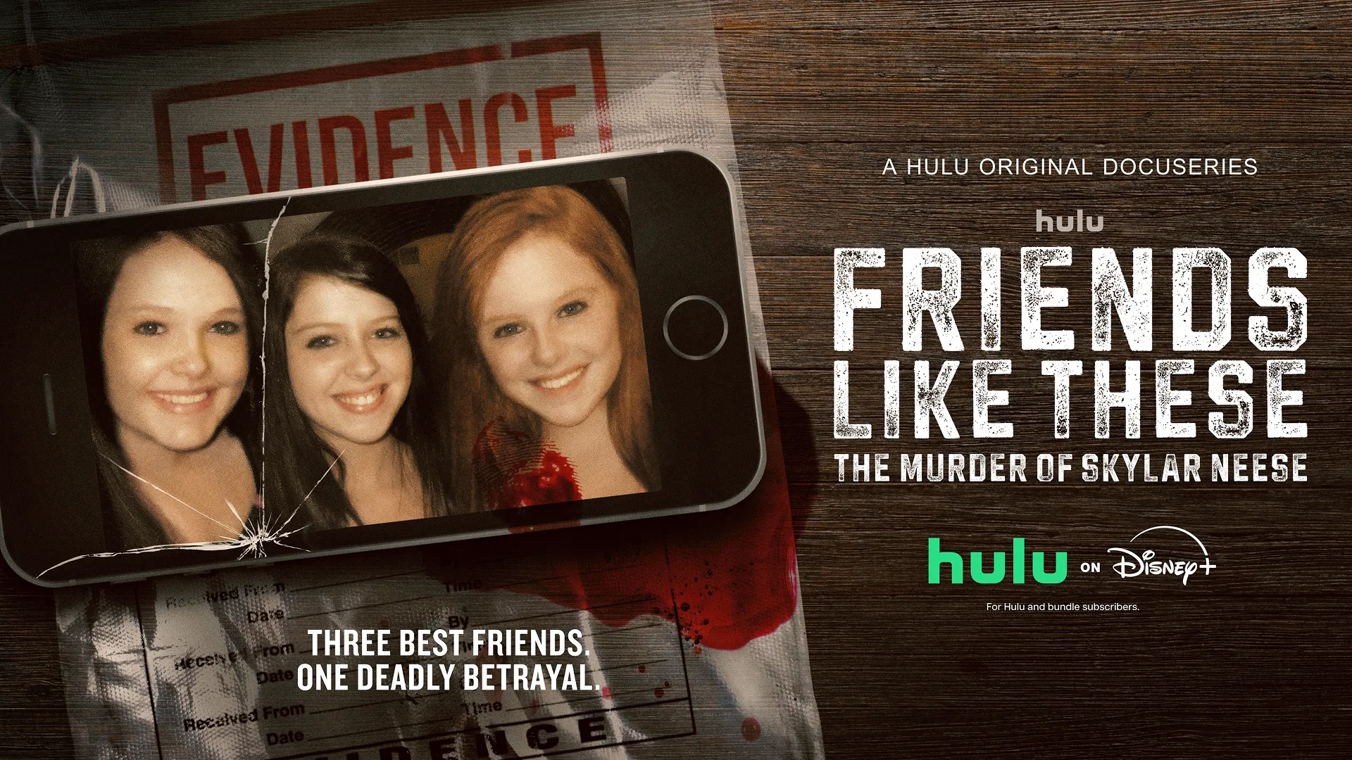 Official key art for the new Hulu show, Friends Like These Murder Of Skylar Neese