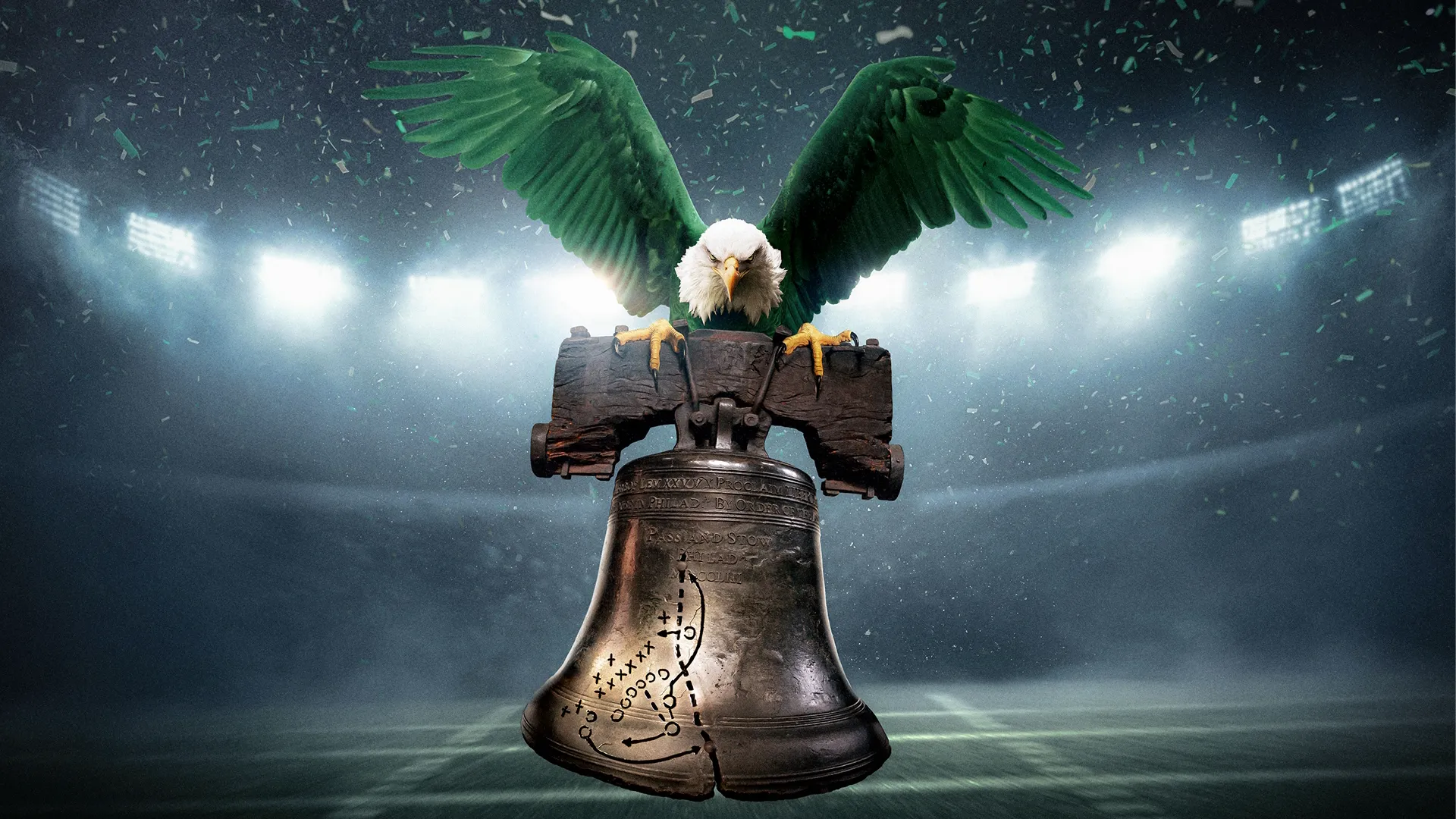a bald eagle with green wings perched atop a stylized Liberty Bell, inscribed with the iconic fourth-down trick play diagram from Super Bowl LII