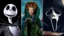 An image split into three parts, featuring the Jack Skellington from Tim Burton's The Nightmare Before Christmas, Winifred Sanderson (Bette Midler) from Hocus Pocus, and Ghostface from Scream.