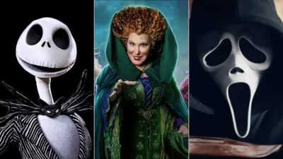 An image split into three parts, featuring the Jack Skellington from Tim Burton's The Nightmare Before Christmas, Winifred Sanderson (Bette Midler) from Hocus Pocus, and Ghostface from Scream.