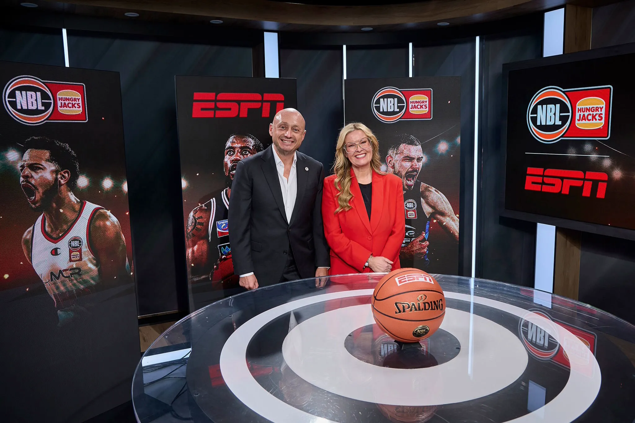 NBL executive chairman Larry Kestelman and The Walt Disney Company Australia and New Zealand Senior Vice President and Managing Director and Head of ESPN Asia Pacific Kylie Watson-Wheeler