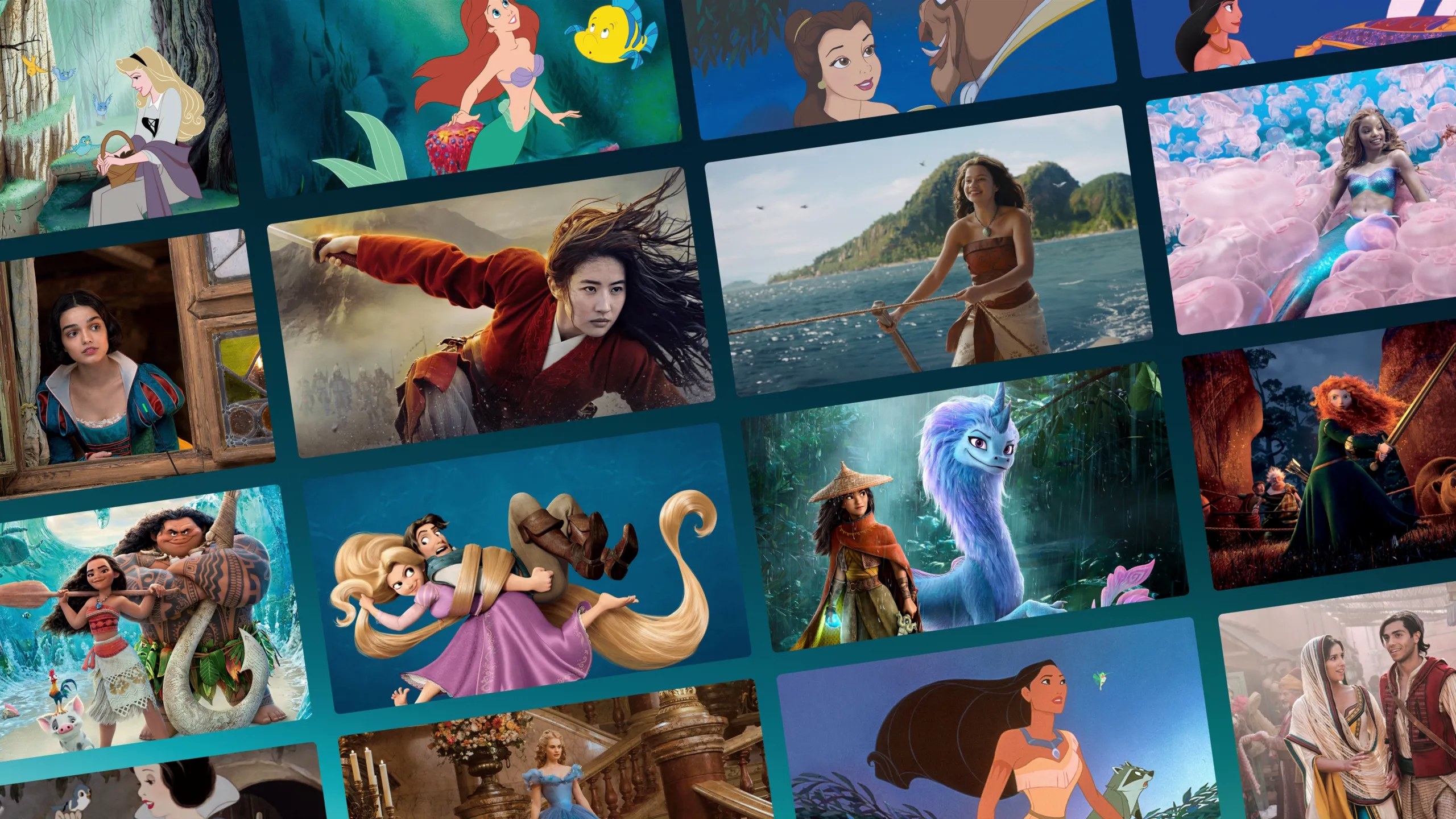 A collage of images from animated and live-action movies featuring the 13 Official Disney Princesses