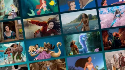 A collage of images from animated and live-action movies featuring the 13 Official Disney Princesses