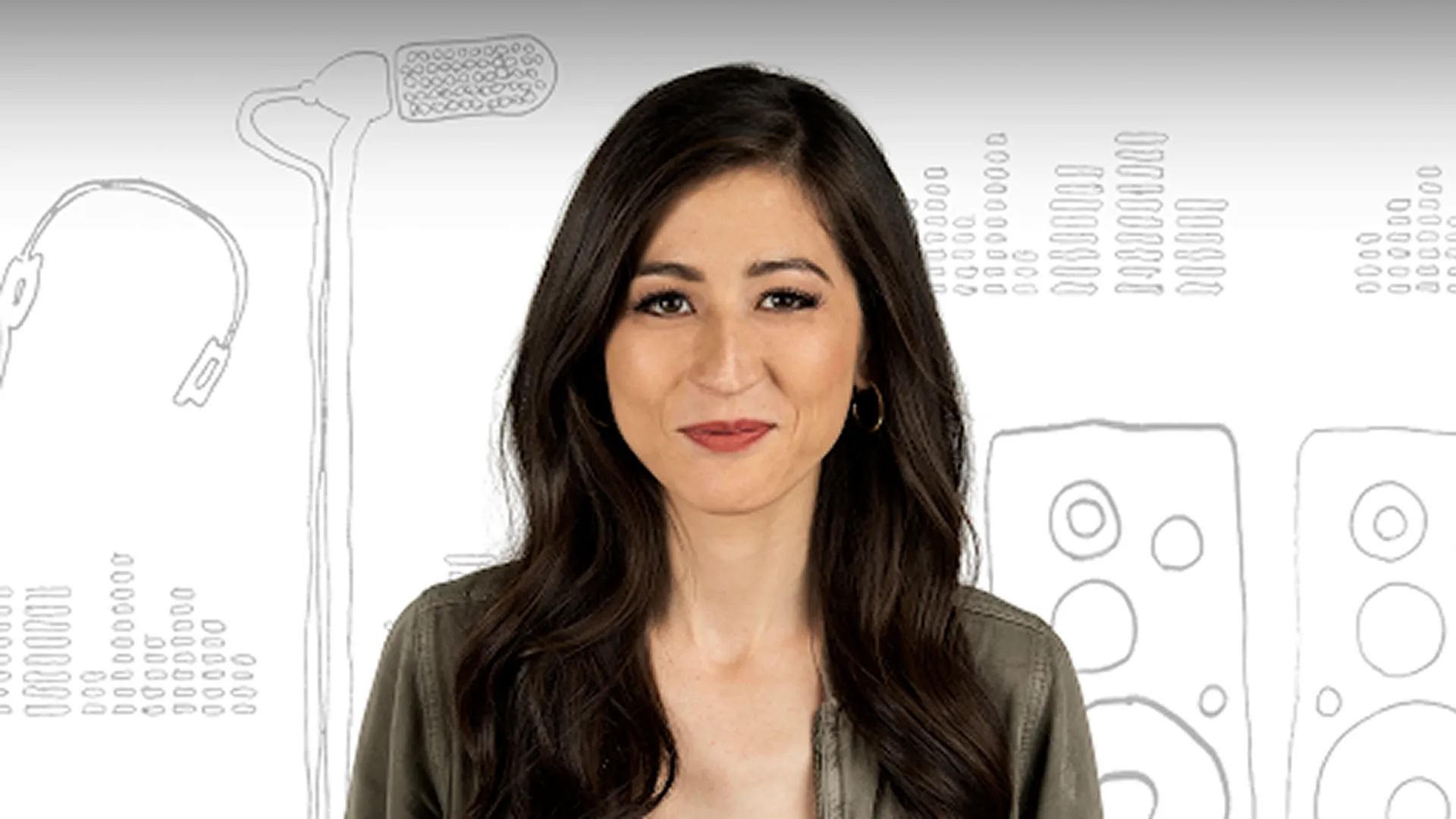 Promotional graphic for The Mina Kimes Show featuring Lenny podcast, showing host Mina Kimes smiling against a white background with line art illustrations of audio equipment.