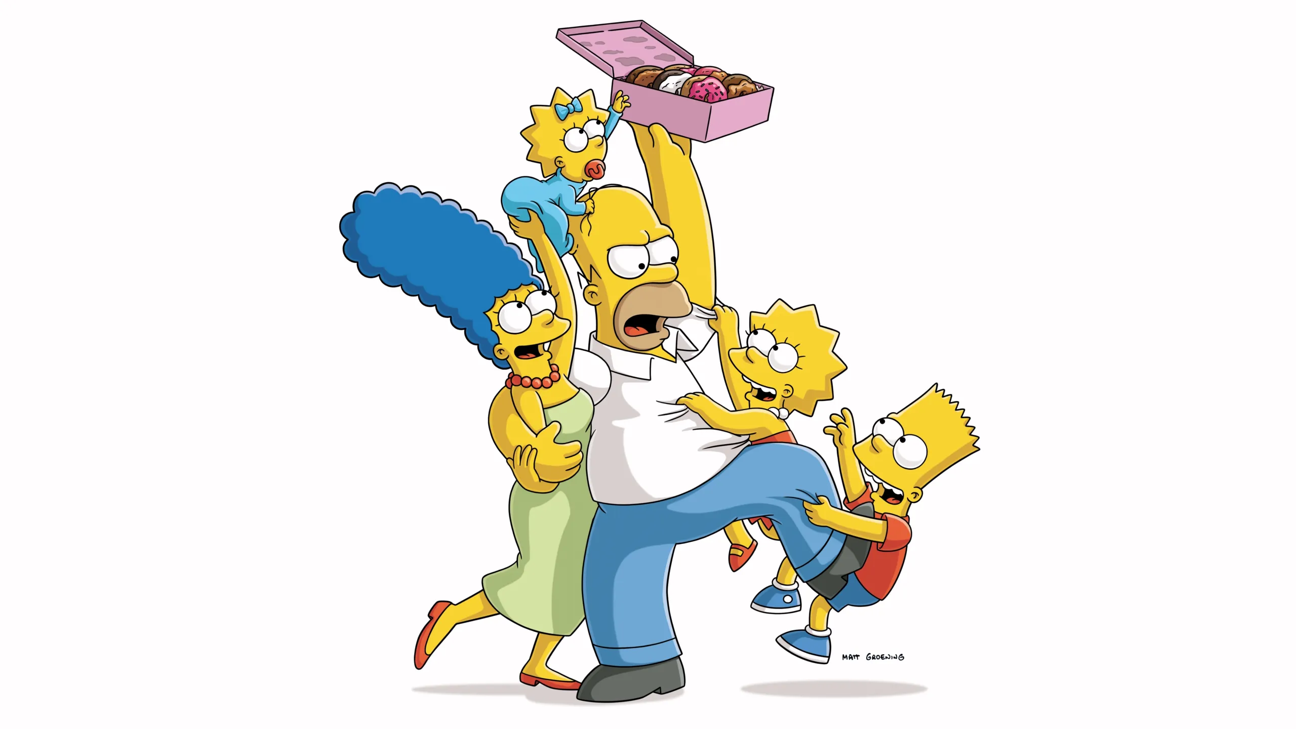 The Simpson family, Marge, Maggie, Lisa, and Bart, playfully climb and pull on Homer Simpson as he frantically holds a pink box of donuts high above his head.