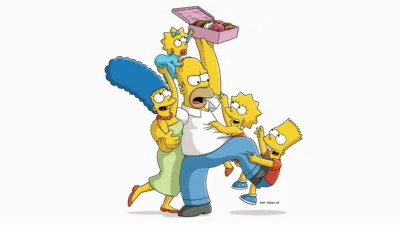The Simpson family, Marge, Maggie, Lisa, and Bart, playfully climb and pull on Homer Simpson as he frantically holds a pink box of donuts high above his head.
