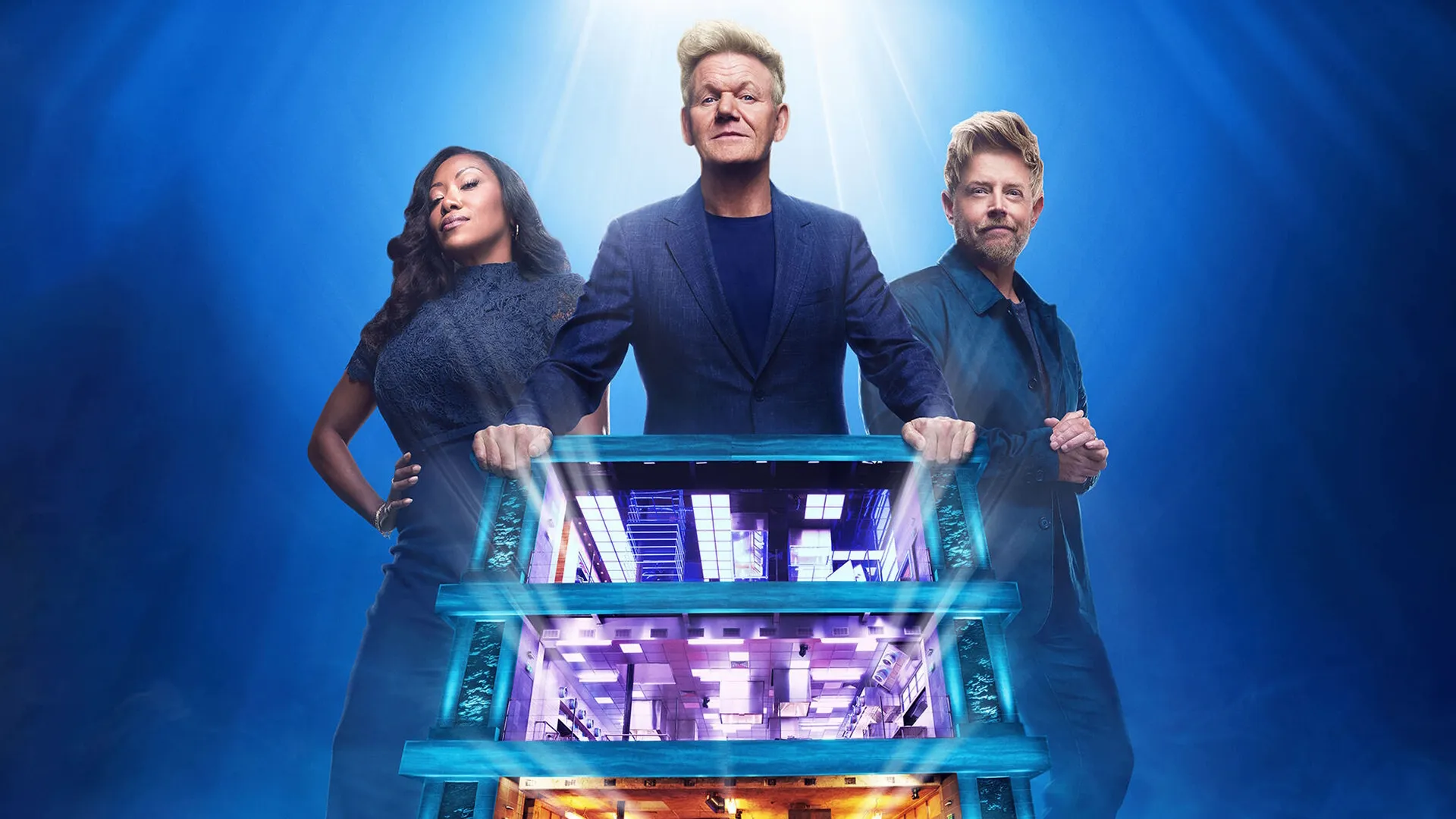 Promotional art for Next Level Chef featuring judges and mentors Gordon Ramsay (center), Nyesha Arrington (left), and Richard Blais (right). 