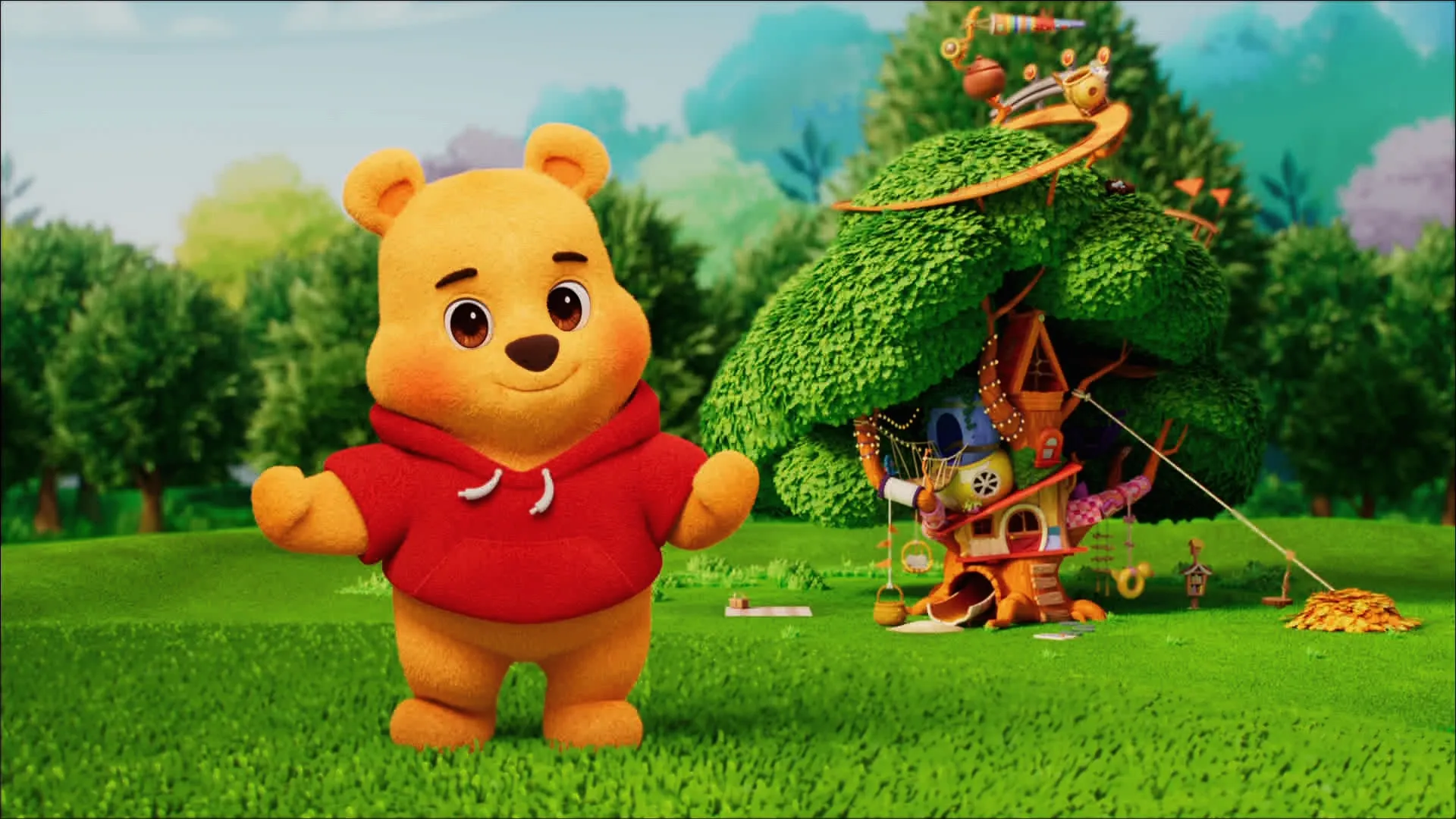 ディズニージュニアシリーズ『くまのプーさんといっしょ』より、エピソード『ツリーハウス・ツアー』のワンシーン。 