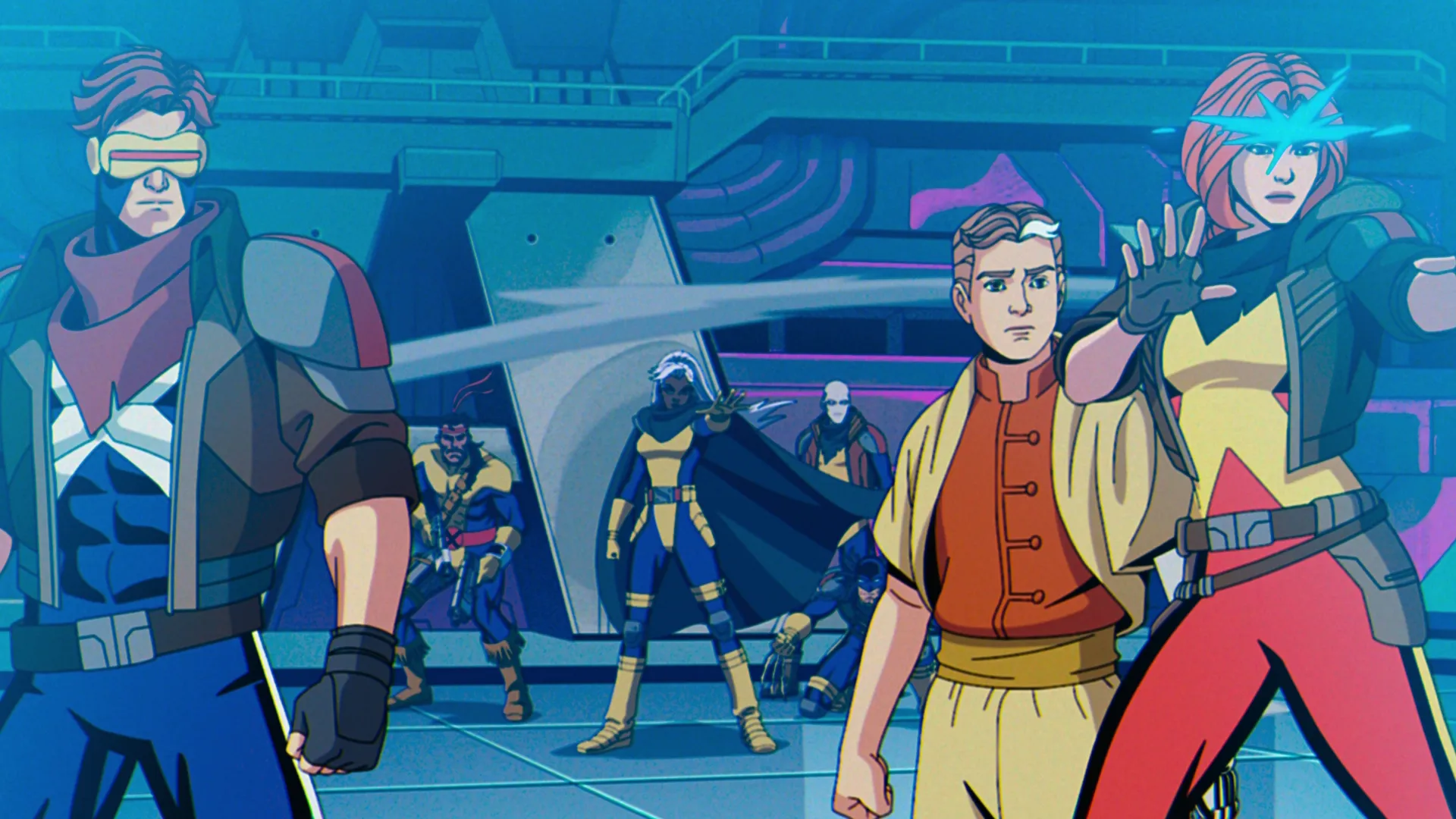 X-Men '97 Season 2, Episode 1 | Jean Grey, Cyclops and their son Nathan Summers aboard a shop with other X-Men