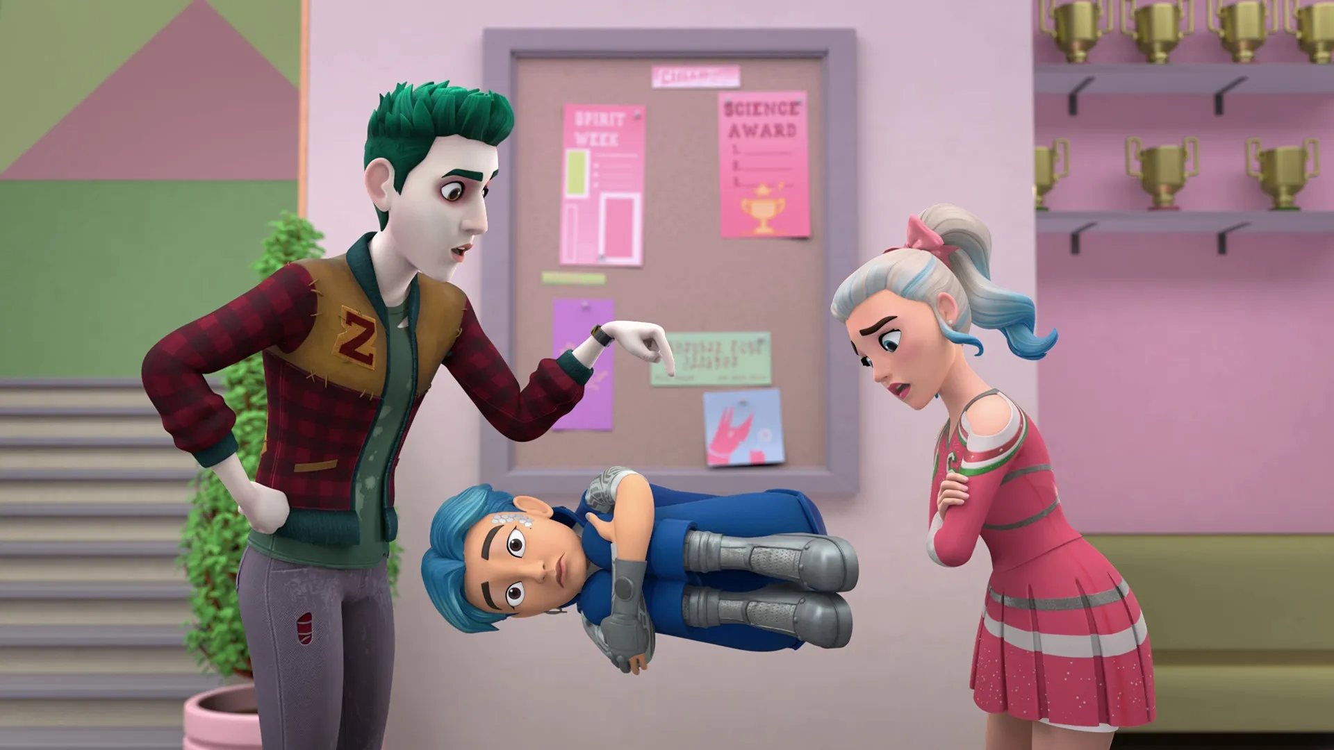 Zed and Addison look confused as A-Spen (from ZOMBIES 3) levitates in the hallway with his legs curled up to his chest in ZOMBIES: The Re-Animated Series